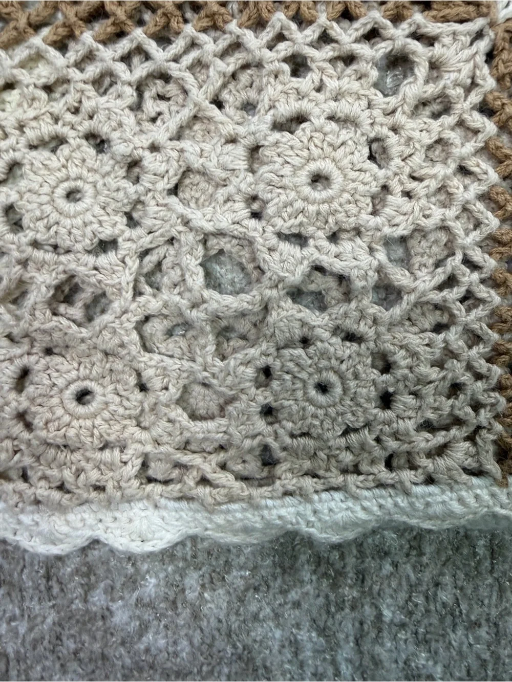 Vintage Neutral Crochet Patchwork Throw - Cream & Brown